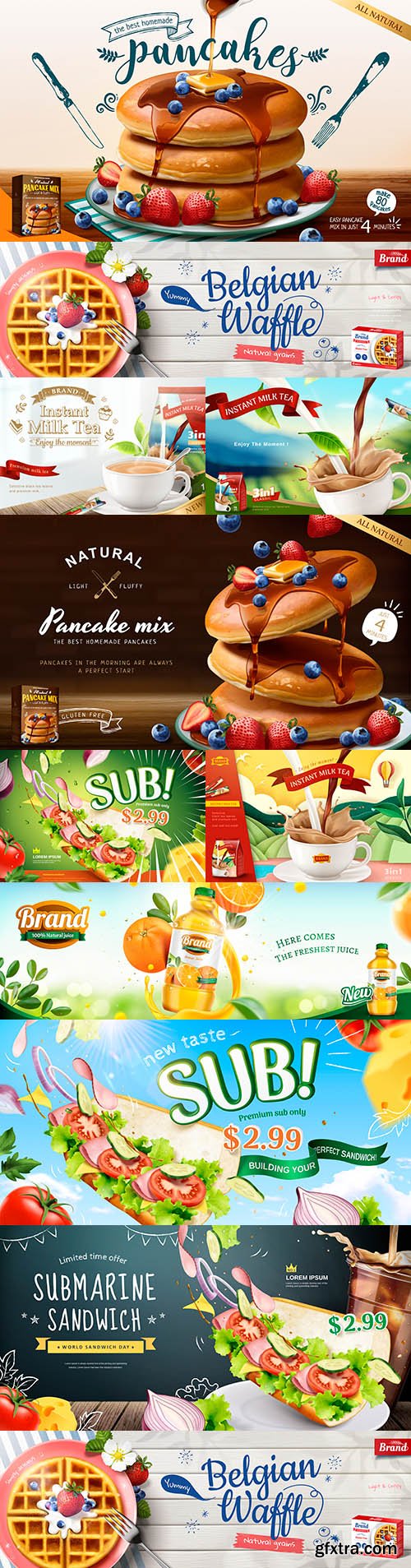 Sandwich and pancakes with fresh fruit 3d style design banner
