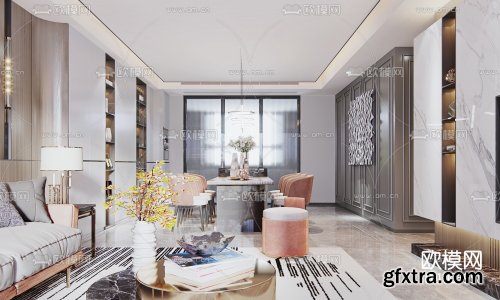 Modern light luxury living room dining room 3d model 1005958