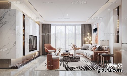 Modern light luxury living room dining room 3d model 1005958