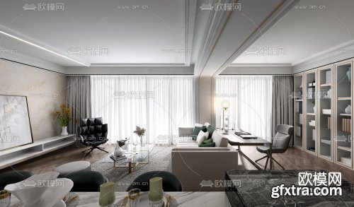 Two-three design modern light luxury living room dining room 3d model 1017114