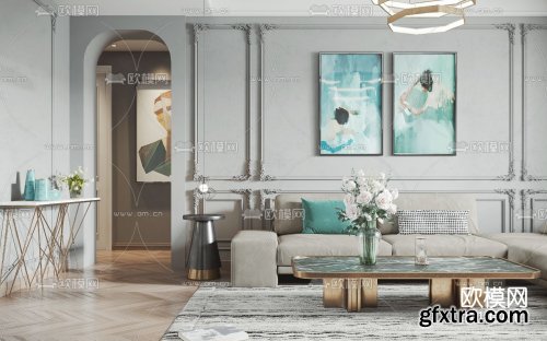 Modern mix and match light luxury living room dining room 3d model 1037167