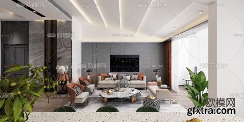 Modern light luxury living room dining room 3d model 1061526