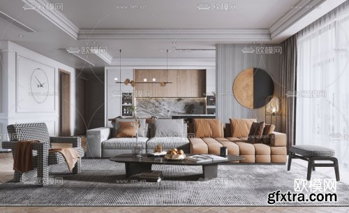 Modern light luxury living room dining room 3d model 1064389 