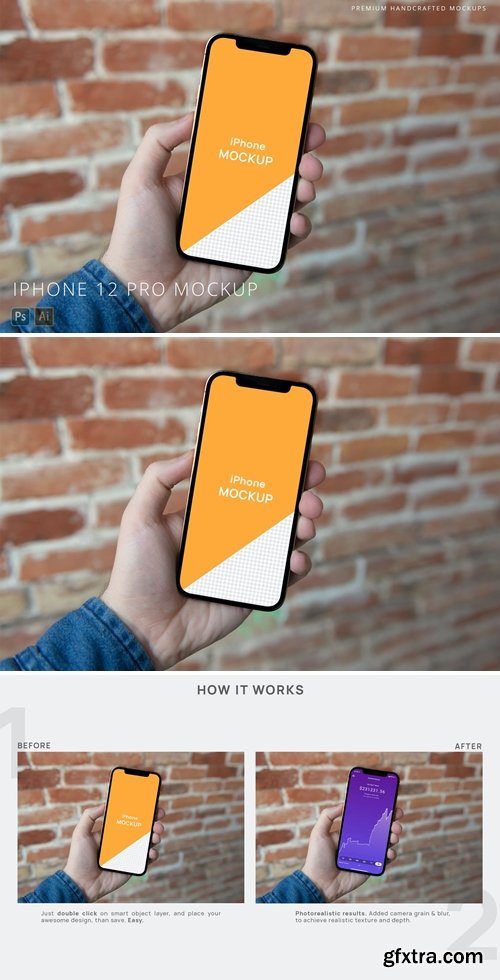 iPhone 12 Pro in Hand Mockup Bricks Background