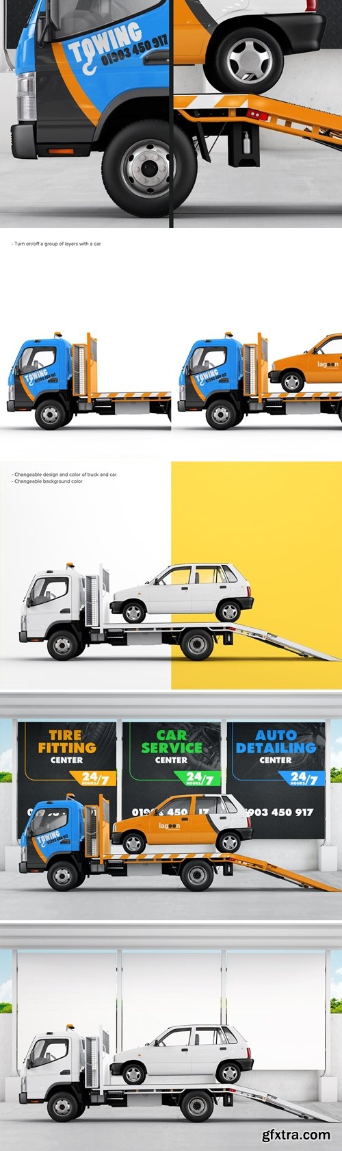 Car On Tow Truck Near Car Service Mockup