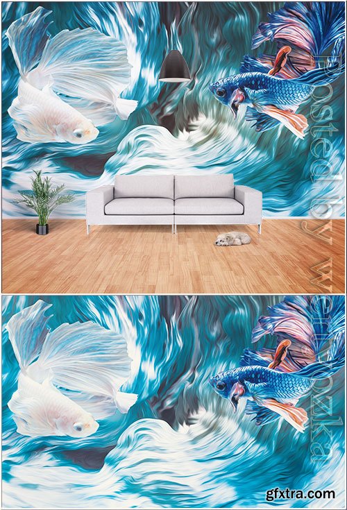 3d creative siamese fighting fish, psd painting room wall