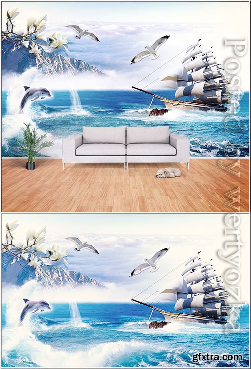 Seagull, big ship, sea dolphin, seaside scenery background wall