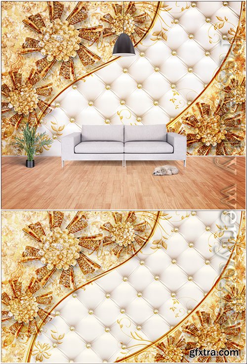 3d three dimensional noble luxury gold pearl flower background wall