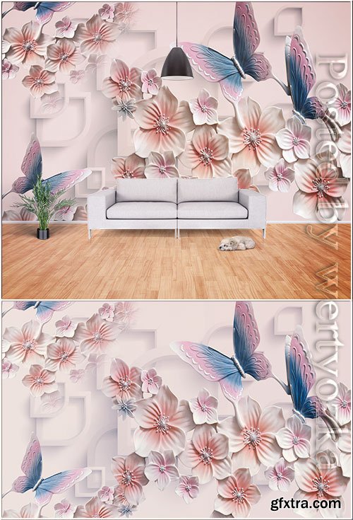 3d butterfly and flower tv background wall