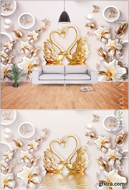 Modern swan, flower, pearl, jewel 3d electric background wall