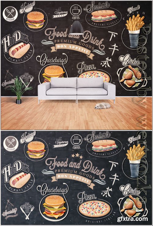 Hand drawn vintage chalkboard western style fast food background wall