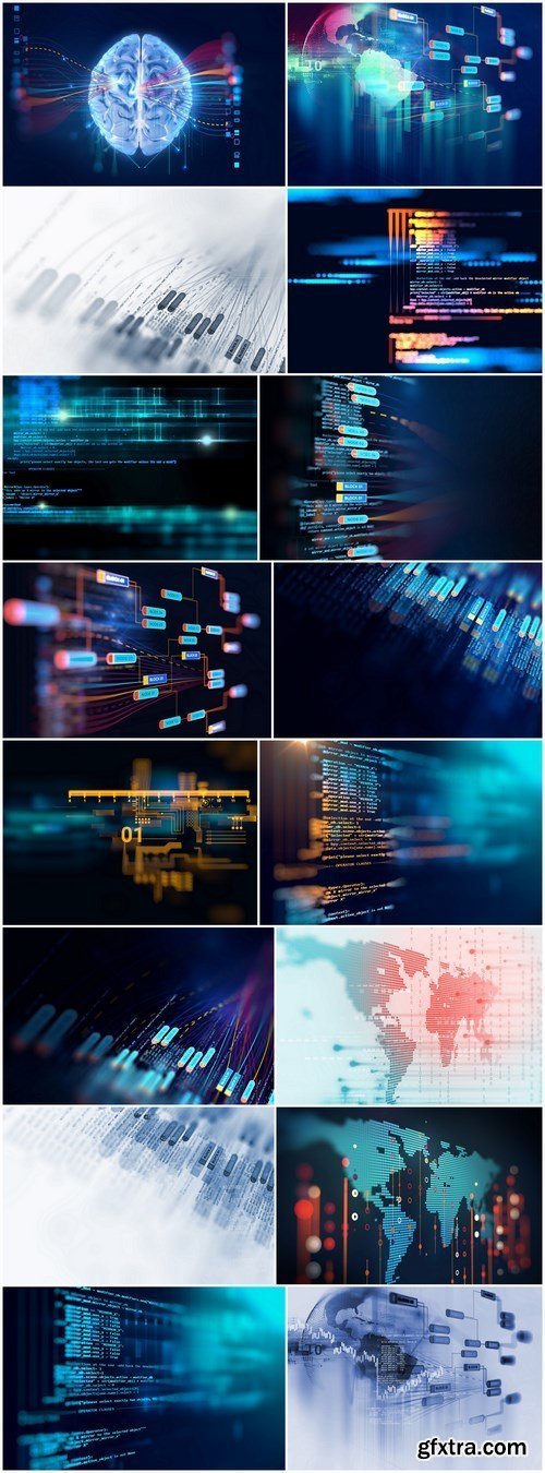 Big data futuristic visualization abstract illustration - Set of 16xUHQ JPEG Professional Stock Images