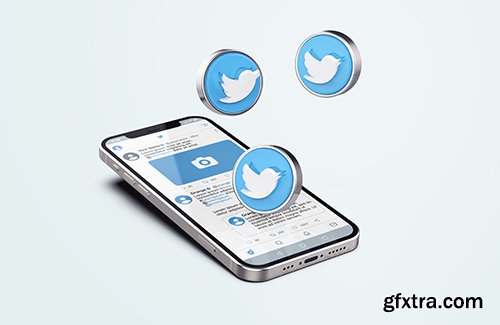 Twitter on silver mobile phone psd mockup with 3d icons