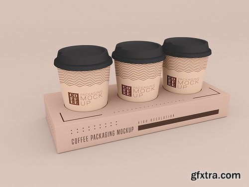 Disposable coffee cup with box psd mockup