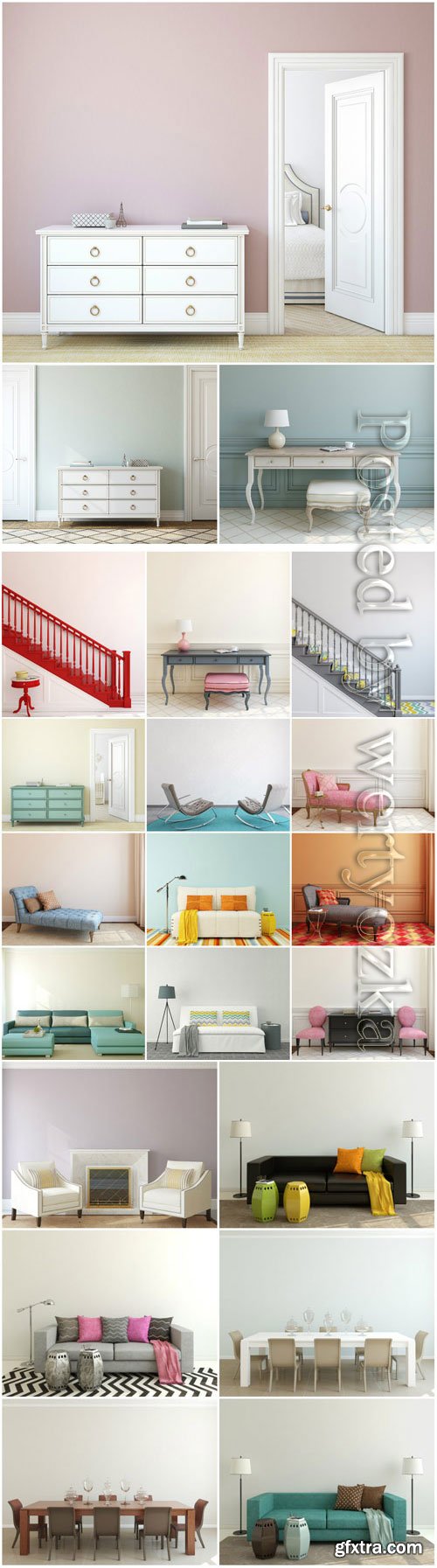 Modern interior, sofas and armchairs stock photo