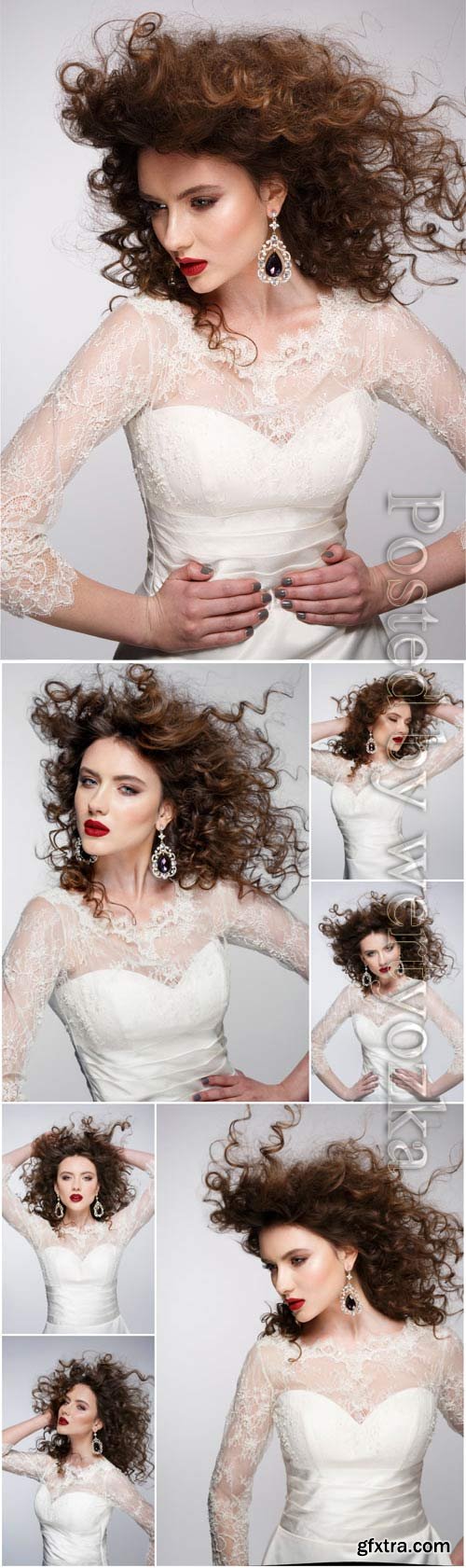 Luxurious girl in white wedding dress stock photo