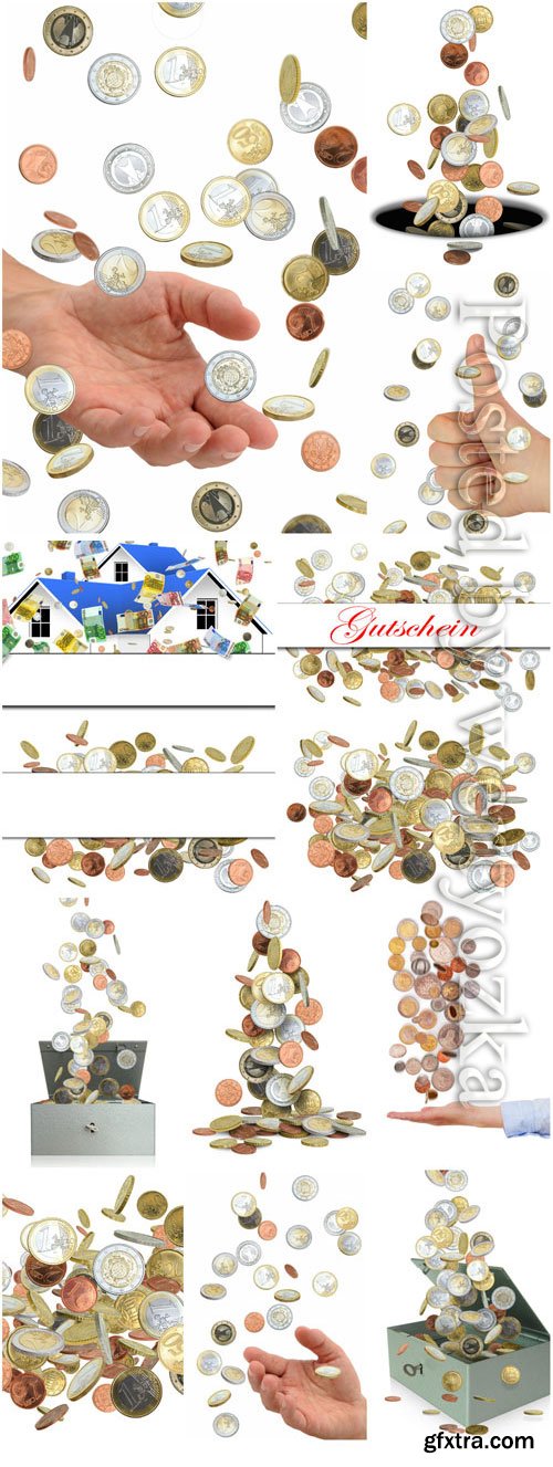 Scattering of coins, money in hands stock photo