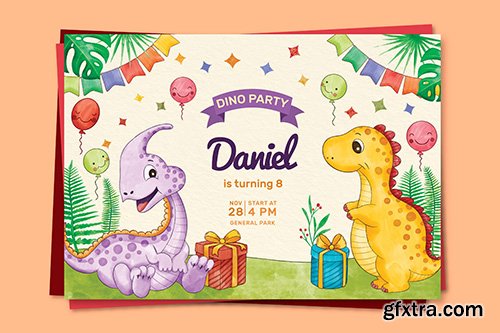 Hand painted watercolor dinosaur birthday invitation 