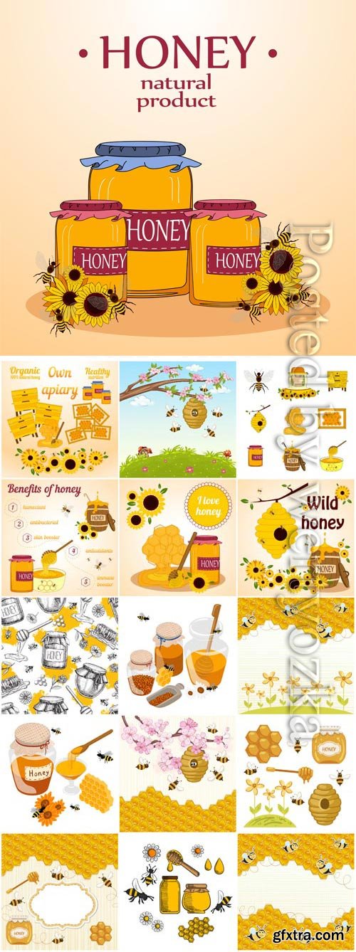 Jars with honey and bees in vector