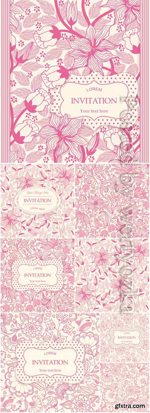 Backgrounds with pink patterns and flowers in vector