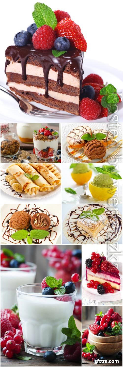 Desserts with fruits and berries stock photo