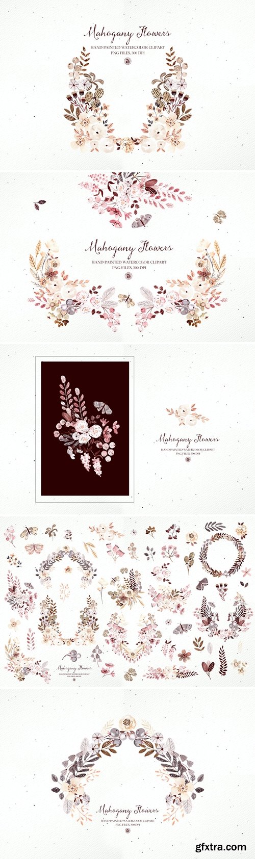 Mahogany Flowers - watercolor clipart and frames