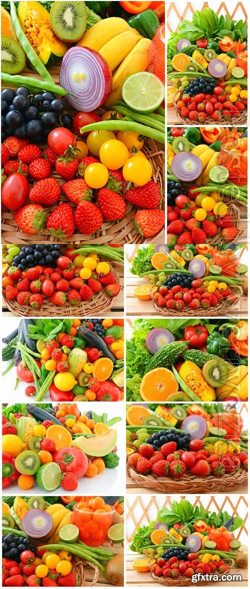 Set of fresh tropical fruits and various berries stock photo