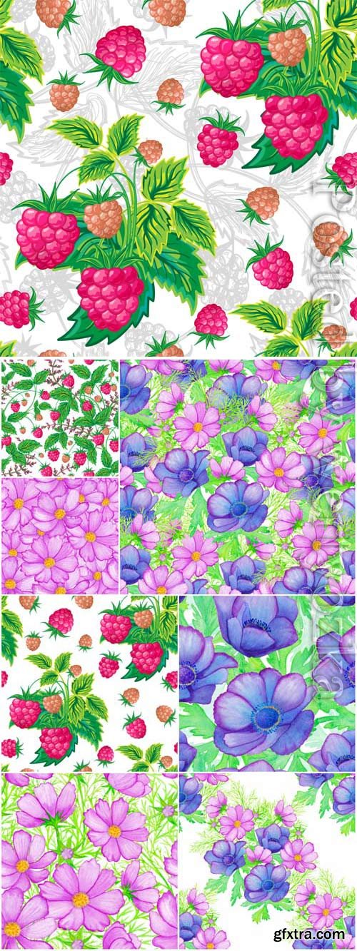 Seamless backgrounds with berries and flowers in vector