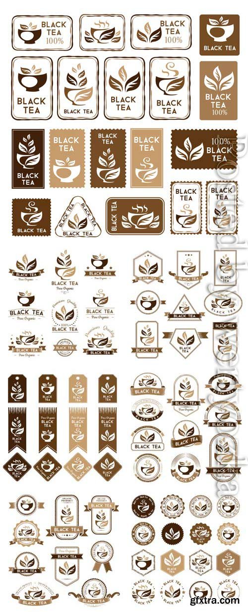 Black tea, logos and labels in vector