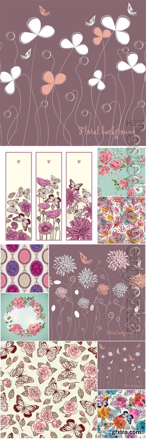 Backgrounds with flowers butterflies and patterns in vector