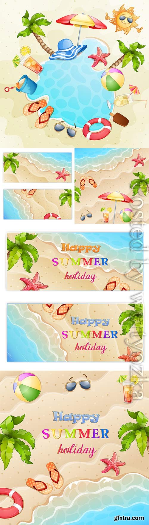 Summer vacation, sea, palm trees, cocktails in vector vol 4