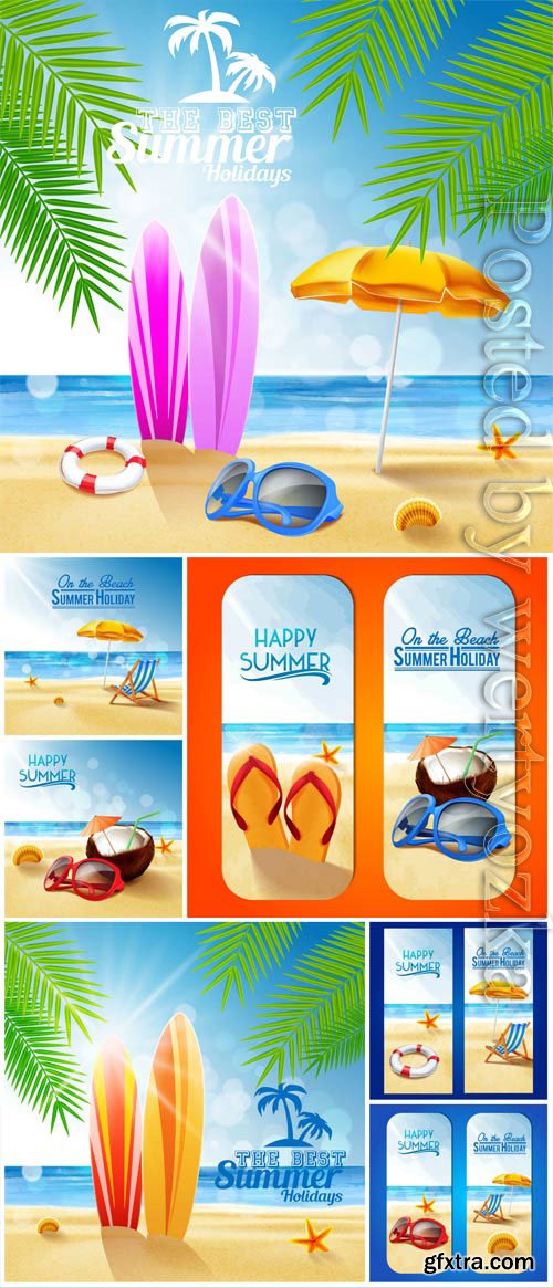 Summer vacation, sea, palm trees, cocktails in vector