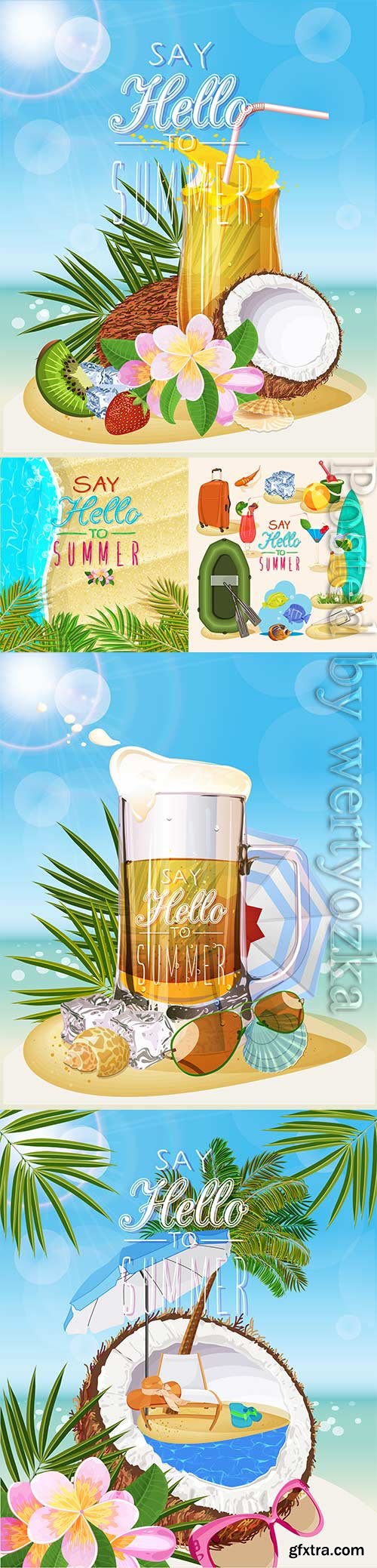 Summer vacation, sea, palm trees, cocktails in vector vol 3