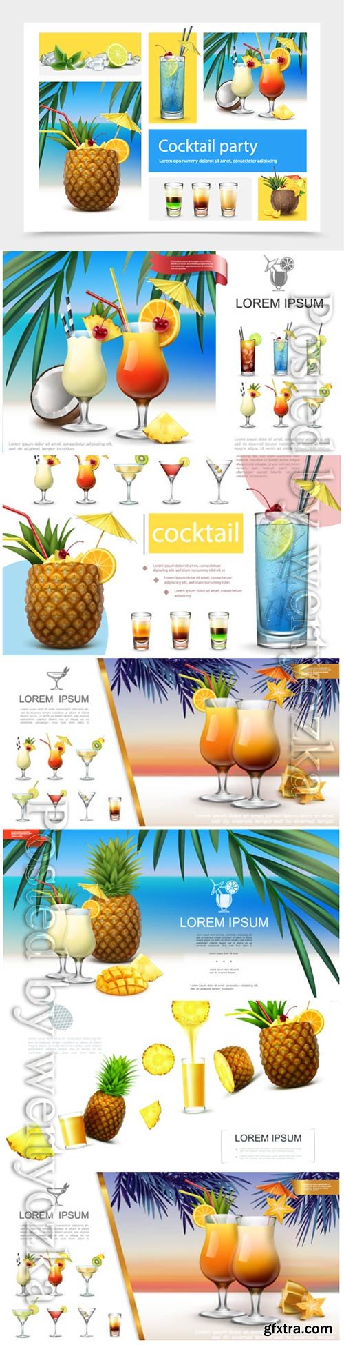 Realistic, summer, cocktails, vector, collection