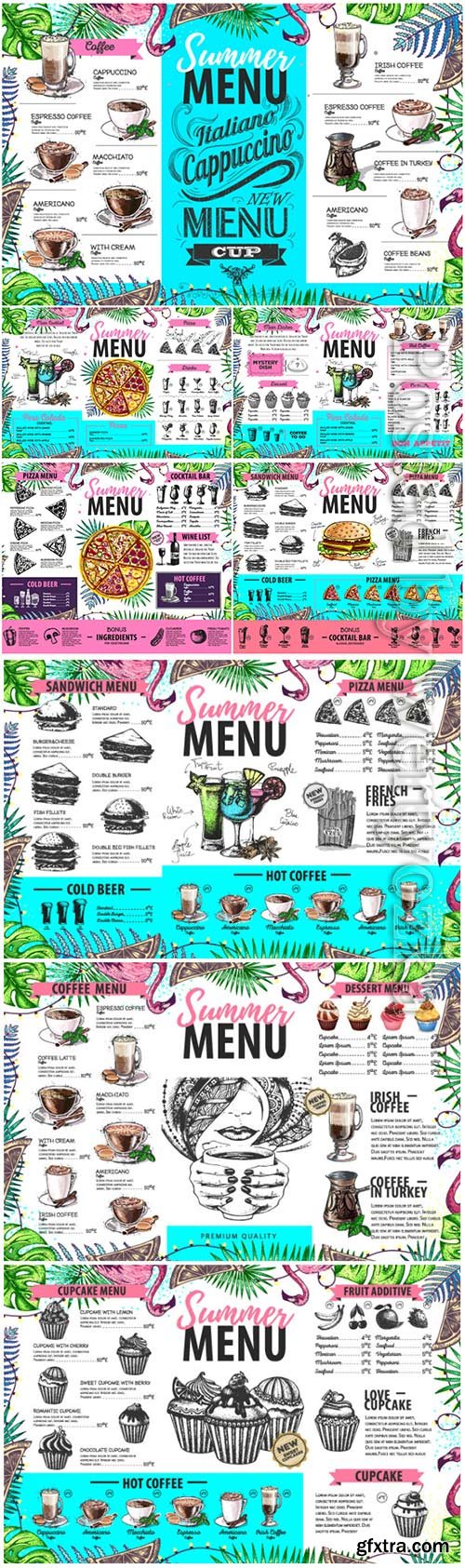 Hand drawing summer menu design with flamingo and tropic leaves