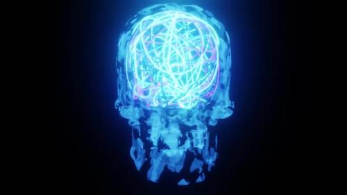 Videohive - Blue Neon Skull With Bright Mind Rotation HD - 32338050 - 32338050