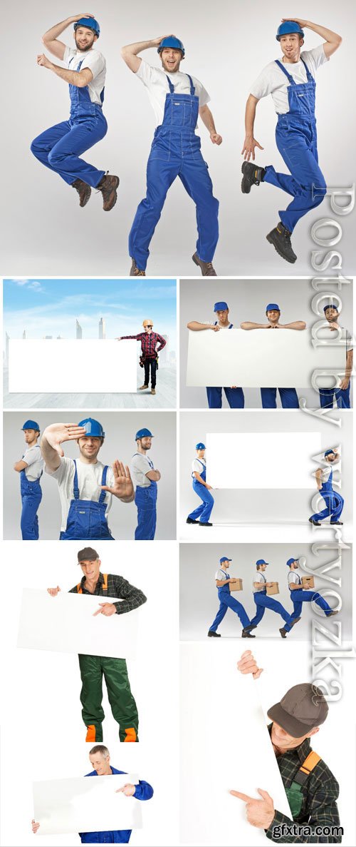 Working men holding placard stock photo