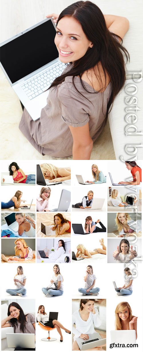 Girls with laptops stock photo