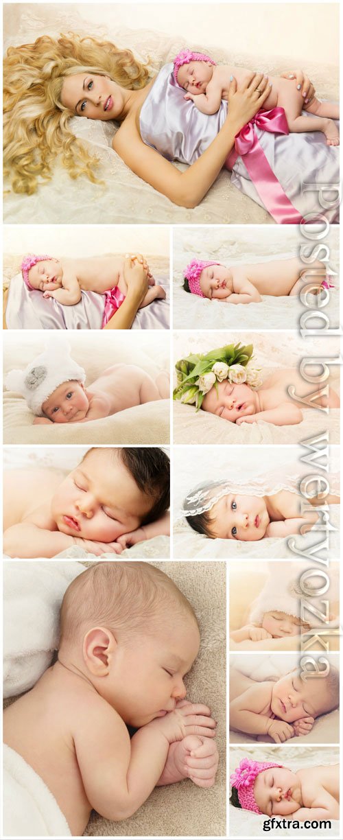 Mom and sleeping babies stock photo