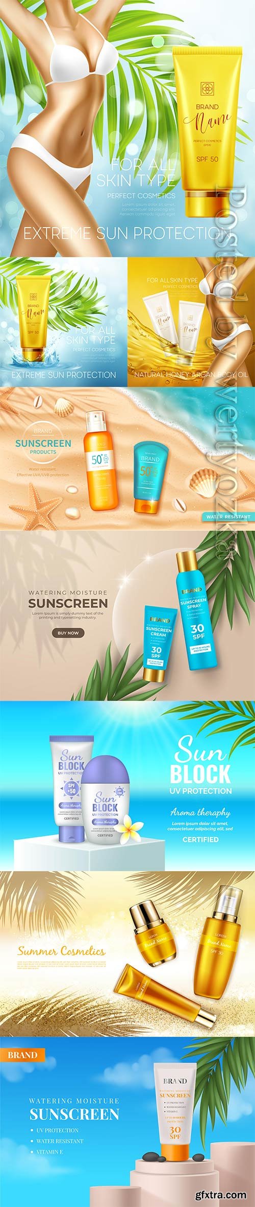 Sun protection cosmetic products vector design template