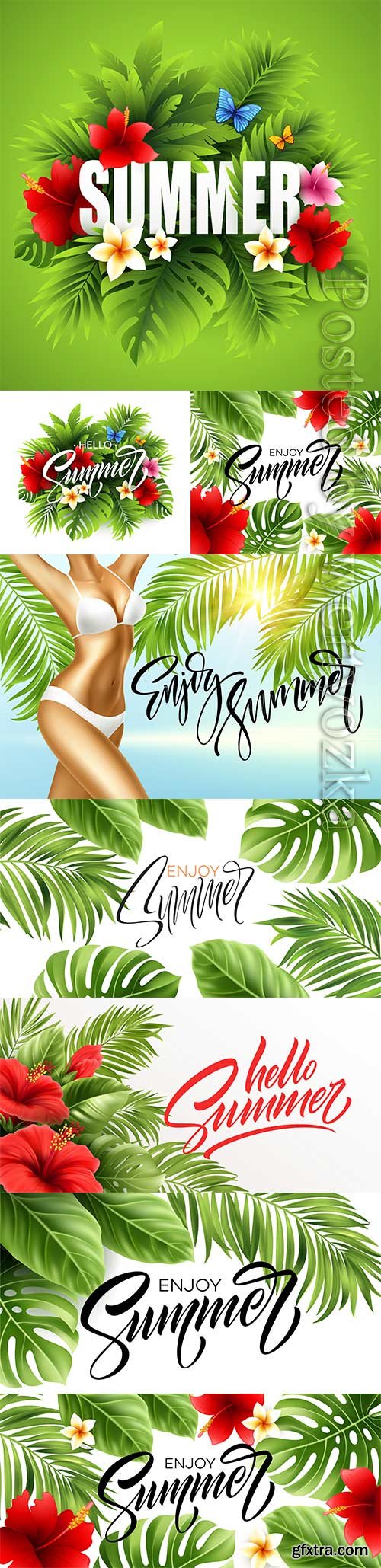 Summer poster with tropical palm leaf and handwriting lettering