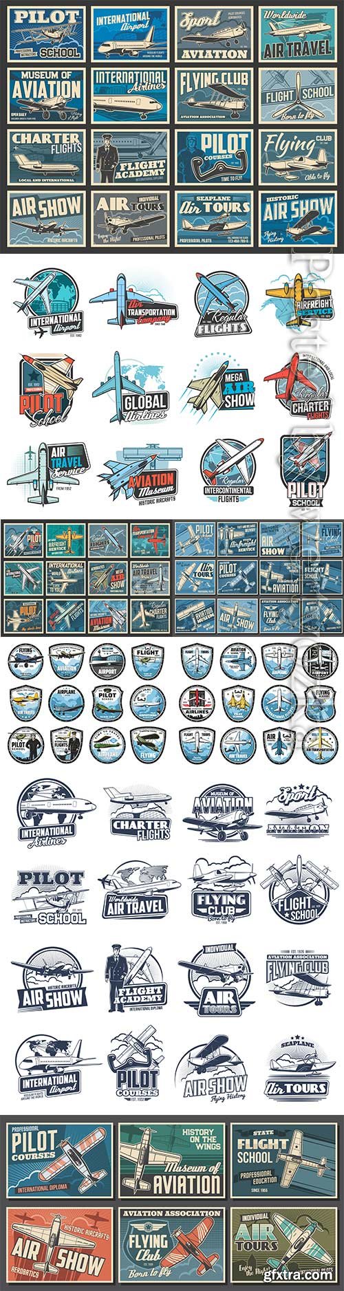 Aviation, air flight icons, airplane pilot school