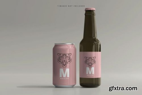 330ml medium size soda or beer can and bottle mockup