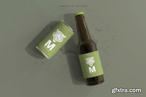 180ml mini soda or beer can and bottle with water drops mockups