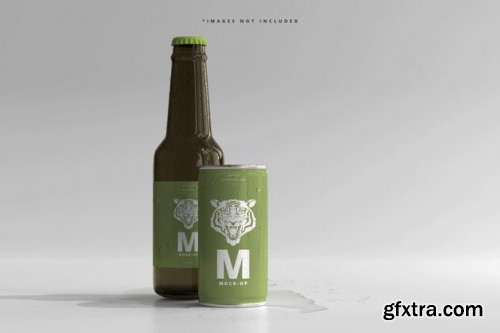 180ml mini soda or beer can and bottle with water drops mockups