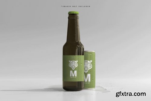 180ml mini soda or beer can and bottle with water drops mockups