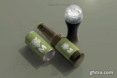 180ml mini soda or beer can and bottle with water drops mockups