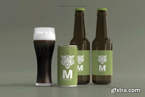 180ml mini soda or beer can and bottle with water drops mockups