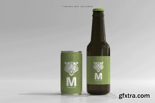 180ml mini soda or beer can and bottle with water drops mockups