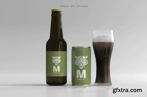 180ml mini soda or beer can and bottle with water drops mockups